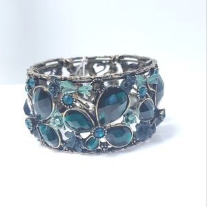 Flower Teal/Blur Cuff Embellished Metal Bracelet
